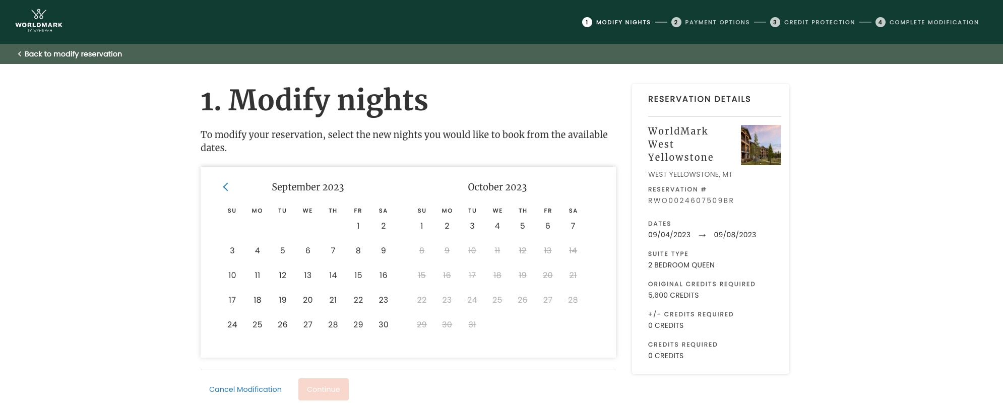 View of Modify nights monthly calendar search function on WorldMark owner website